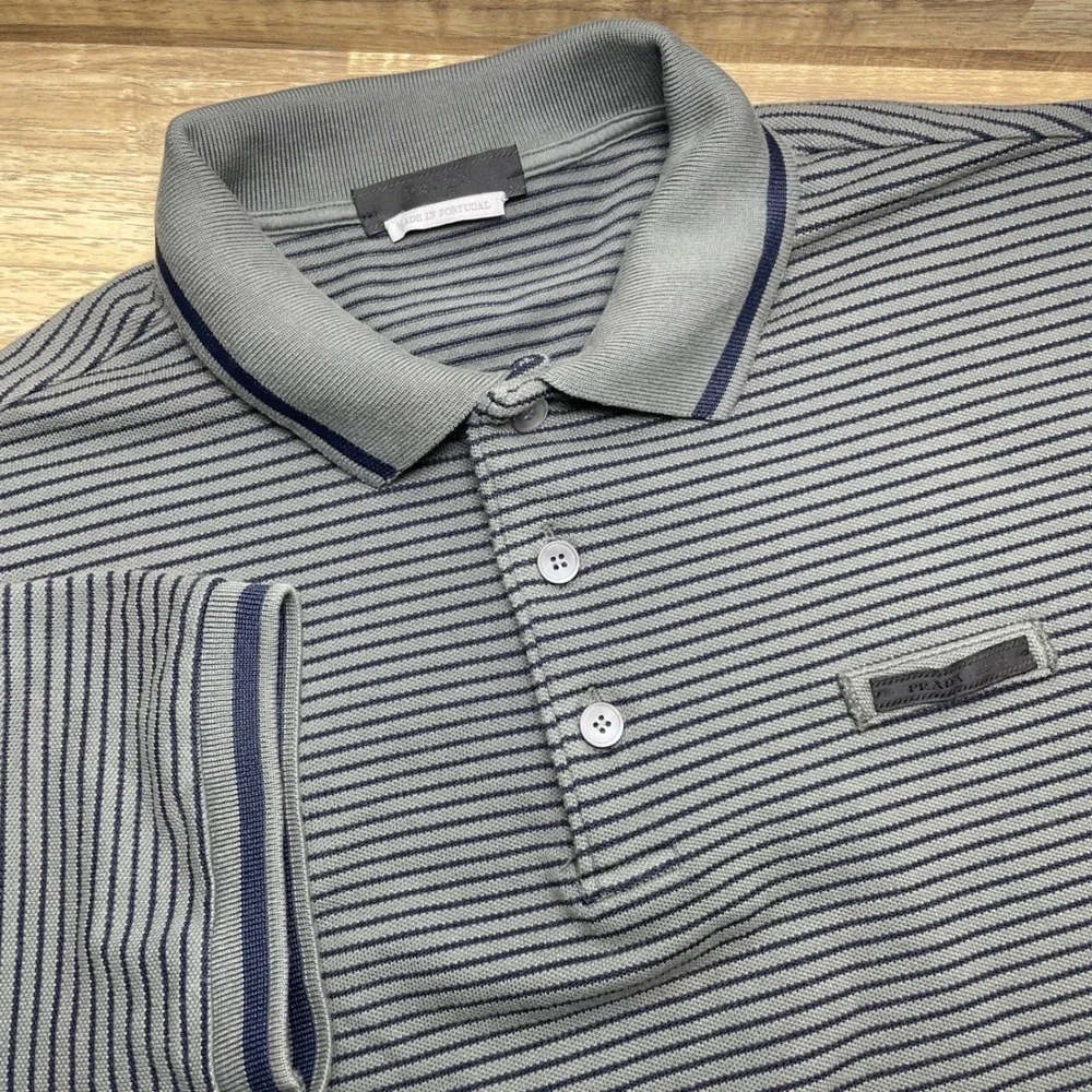 Prada Mens Grey Navy Striped Ribbed Collar Polo Shirt Medium Tipped Pique EUC